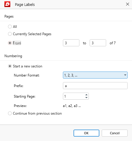 PDF Extra: page labels options menu